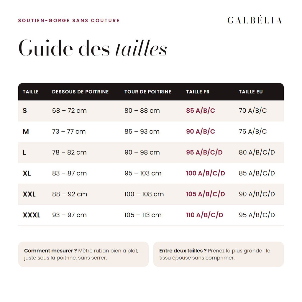 Guide des tailles du soutien-gorge Seconde Peau avec équivalences françaises