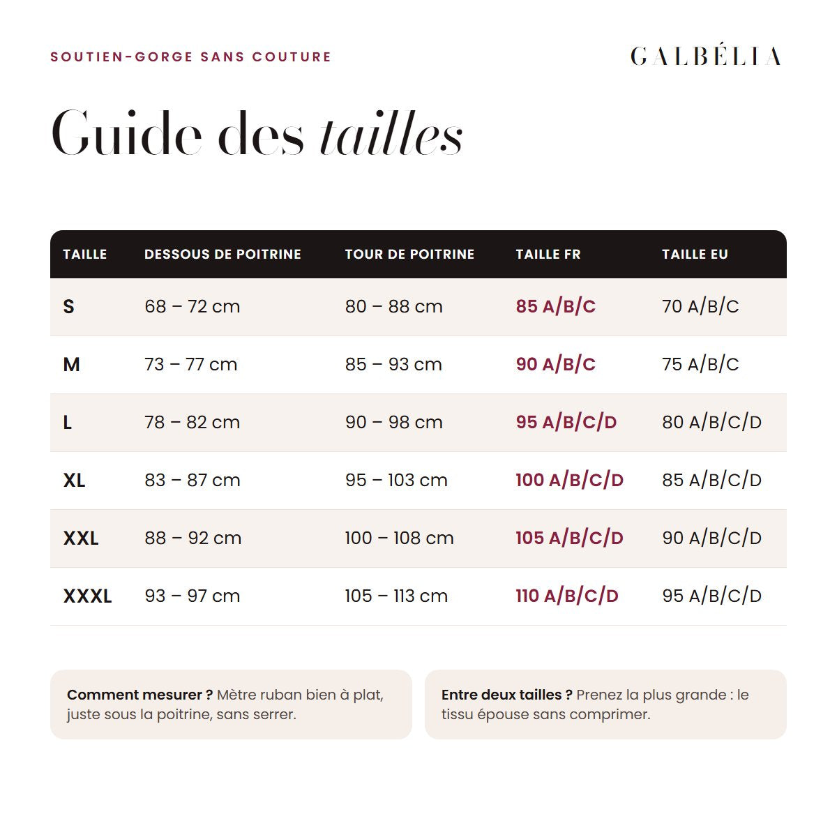 Guide des tailles du soutien-gorge Seconde Peau avec équivalences françaises