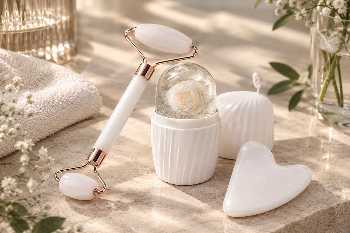 Kit Rituel Fraîcheur blanc : rouleau de massage, gua sha cœur et boule de fraîcheur