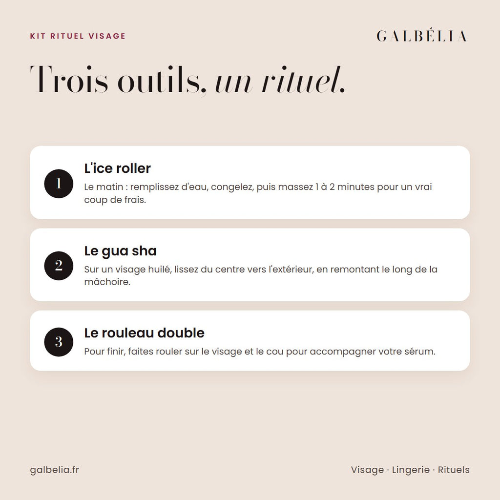 Le rituel en trois étapes : ice roller, gua sha, rouleau