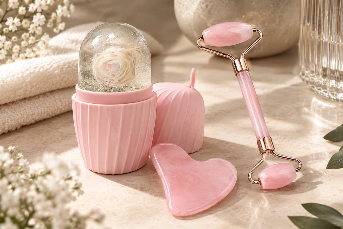 Kit Rituel Fraîcheur rose : rouleau de massage, gua sha cœur et boule de fraîcheur