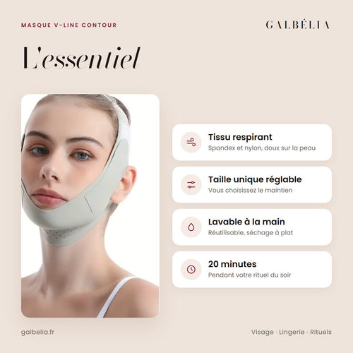 Masque V-Line Contour : tissu respirant, taille unique réglable, lavable, 20 minutes